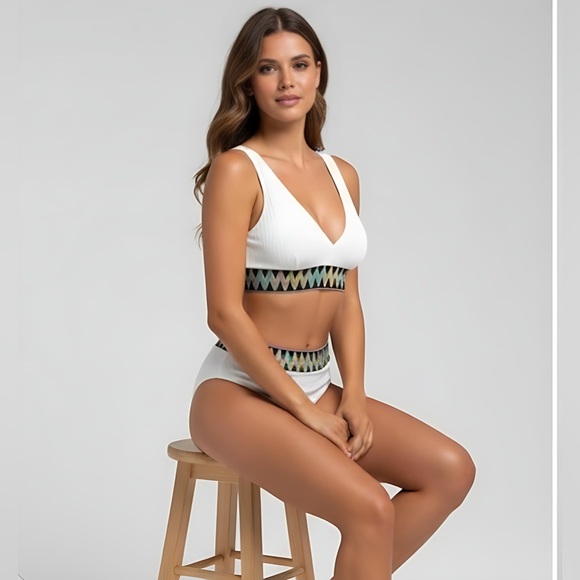 White Sparkle Chevron High Waist Bikini Swimsuit - Picture 2 of 7